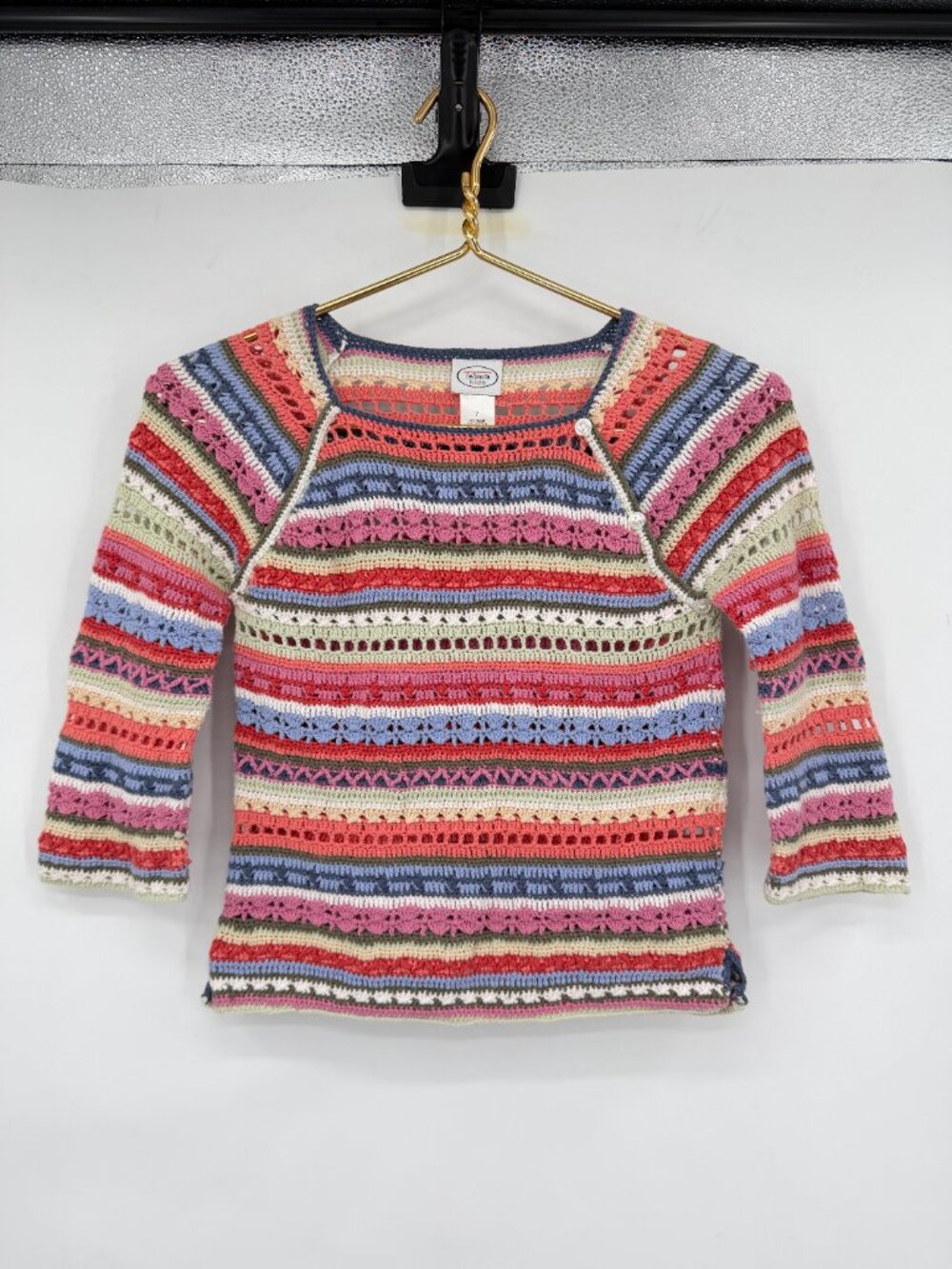 Talbots Kids Girls Size 7 Multicolor Crochet Knit 3/4 Sleeve Cottagecore Top